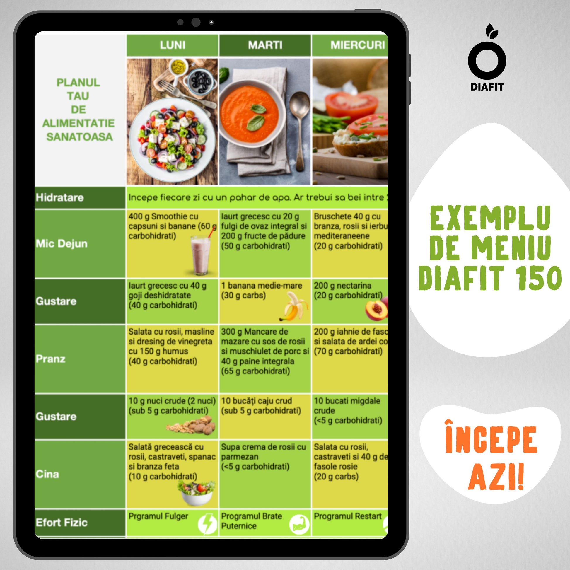 Programul DIAFIT 150 (meniu 150 carb/zi + carte de 101 rețete pentru diabetici + programe sport) DiaFit.ro